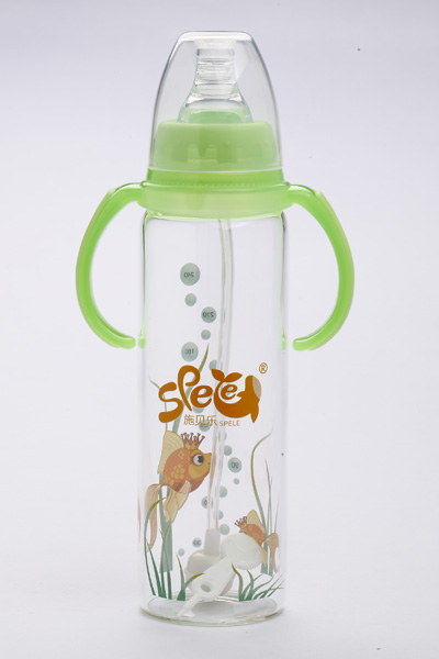 施貝樂(lè)綠色標(biāo)口弧形帶柄玻璃奶瓶240ml