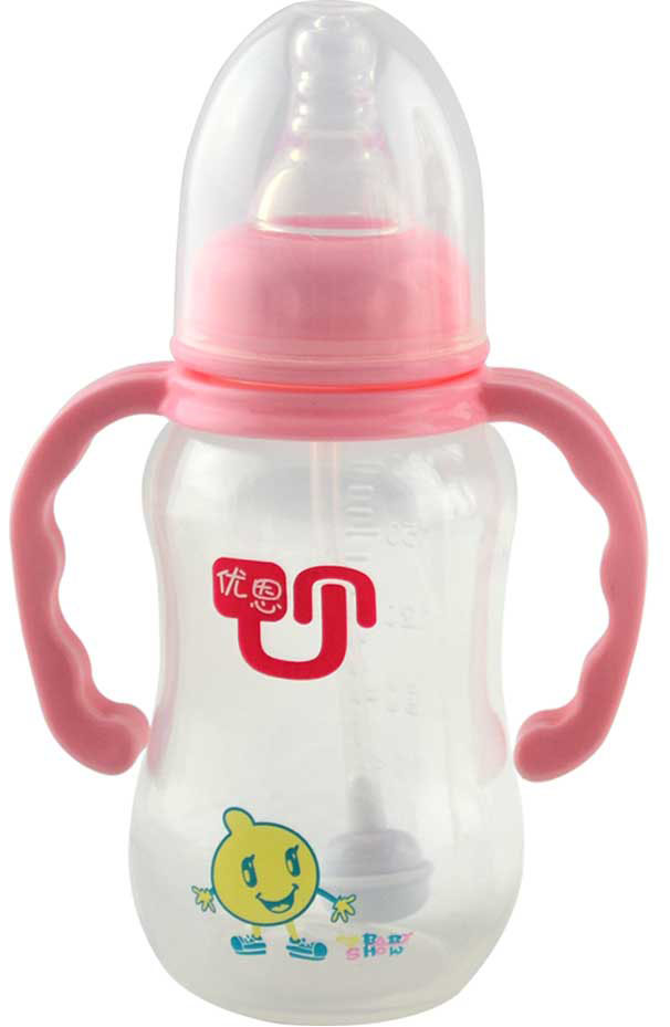優(yōu)恩粉色標(biāo)口帶手柄PP奶瓶180ml