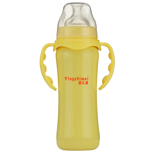 嬰之美寬口雙耳自動不銹鋼保溫奶瓶220ML黃色