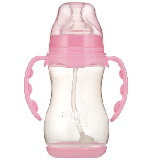 嬰之美寬口雙耳自動(dòng)圓弧PP奶瓶帶底300ML粉色
