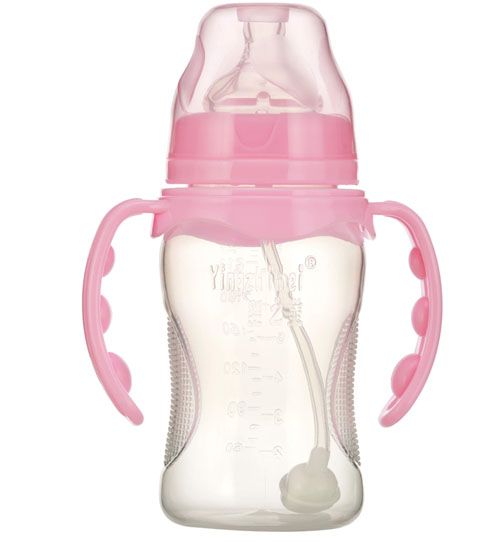 嬰之美寬口雙耳自動弧形PP奶瓶240ML粉色