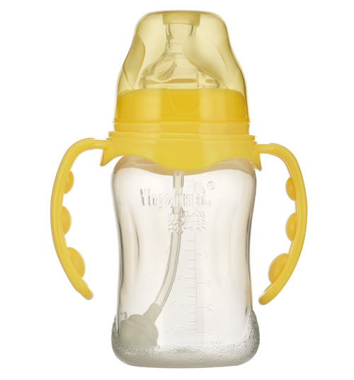 嬰之美寬口雙耳自動(dòng)弧形PP奶瓶210ML黃色