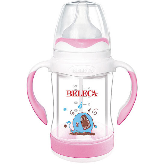 貝樂(lè)嘉包膠手柄兩用防爆奶瓶粉色