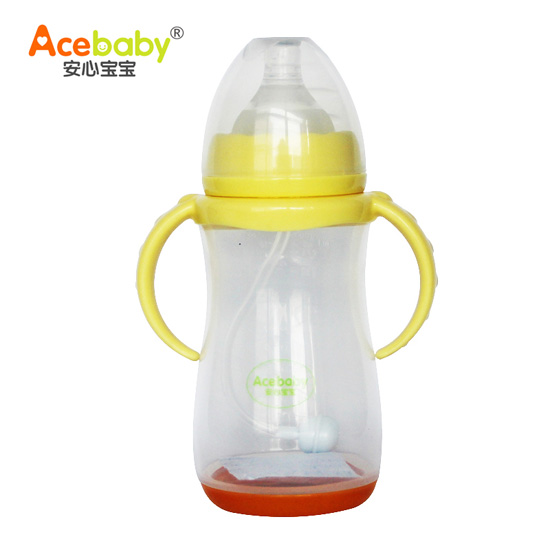 安心寶寶300ml寬口雙耳自動感溫PP奶瓶黃色