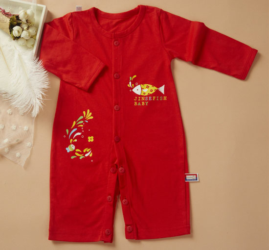 金色小魚純棉大紅雙面哈衣