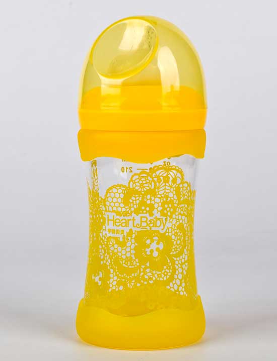 亨特貝貝寬口玻璃防摔初生瓶240ml黃色帶蓋