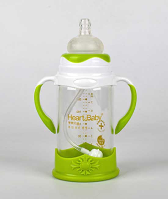 亨特貝貝玻璃防摔奶瓶240ml綠色帶手柄
