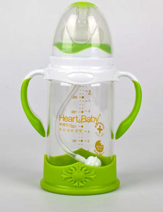 亨特貝貝玻璃防摔奶瓶240ml綠色帶蓋帶手柄