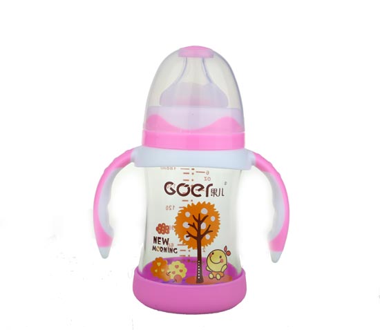 果兒180ML寬口晶鉆防摔玻璃奶瓶粉色
