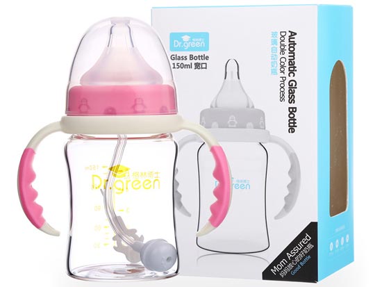格林博士寬口玻璃自動奶瓶150ML紅色