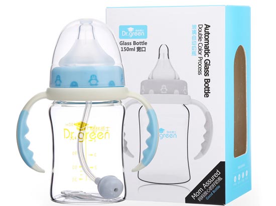 格林博士寬口玻璃自動奶瓶150ML藍色