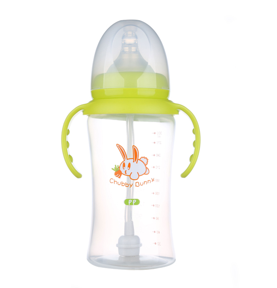 丘比兔PP寬口徑葫蘆型自動把手奶瓶300ML青色