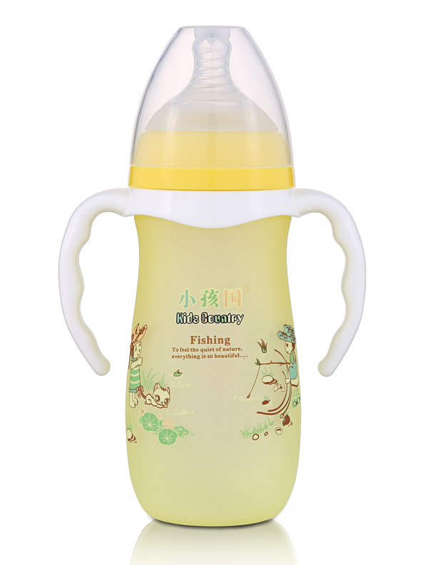 小孩國寬口硅膠感溫自動玻璃奶瓶280ML 黃色