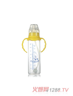 哈尼小熊標(biāo)準(zhǔn)口徑直身雙柄自動晶鉆玻璃奶瓶（盒裝）