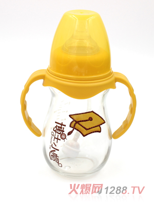 博士小帽玻璃有柄自然親子寬口徑自動奶瓶240ml黃色