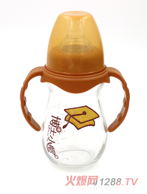 博士小帽玻璃有柄自然親子寬口徑奶瓶240ml橙色