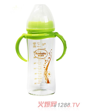 安心寶寶260ml寬口徑雙耳自動高硼硅玻璃奶瓶綠色帶蓋