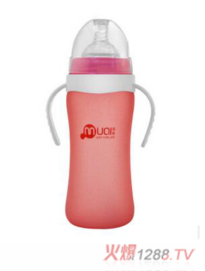 母愛(ài)寬口徑硅膠感溫變色玻璃奶瓶260ml紅